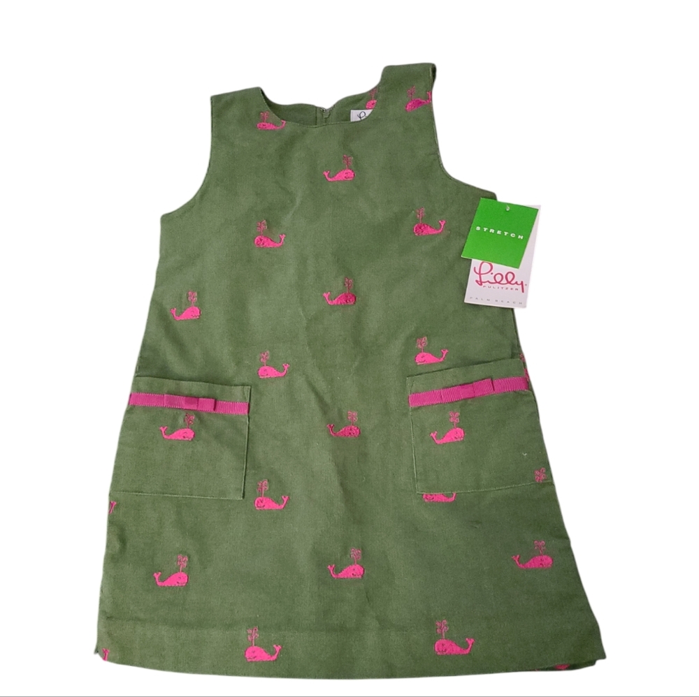 Lilly Pulitzer Girls Sz 6 White Label Green Corduroy Dress With Pink Whales NWT